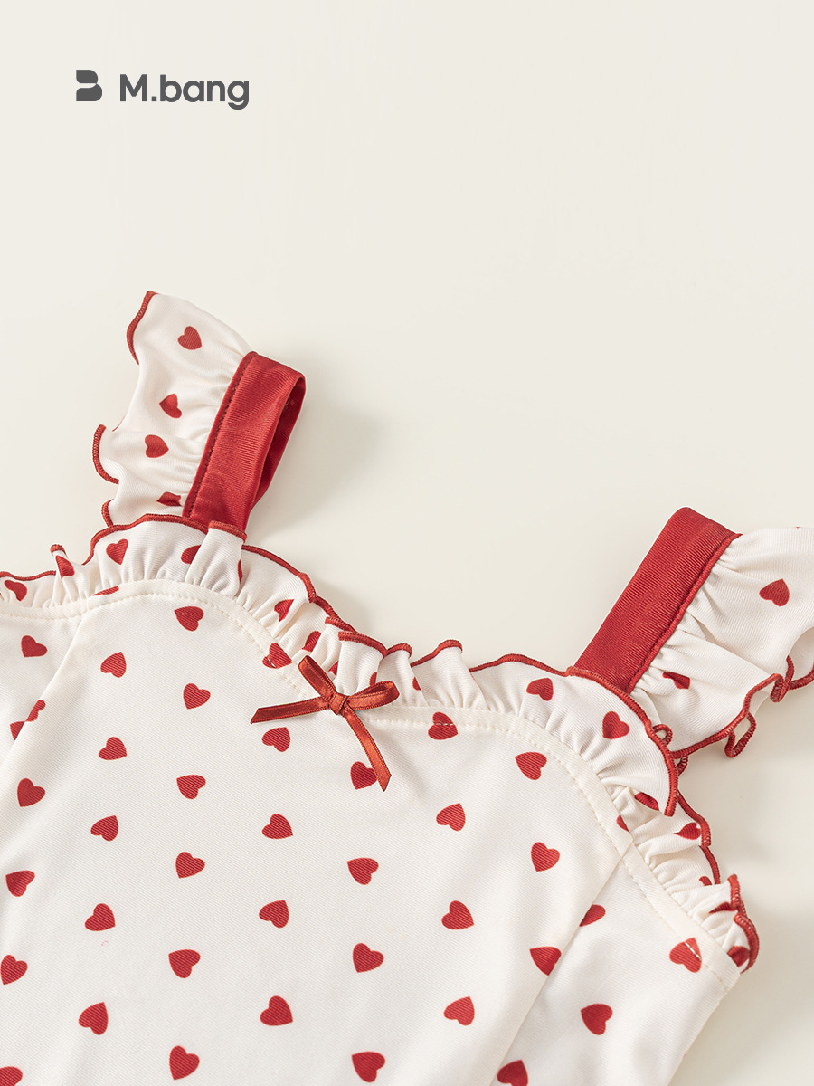 Youbao ropa para niños estilo de verano traje de baño dulce junto al mar para niñas con estampado de amor traje de baño de una pieza de encaje con lazo