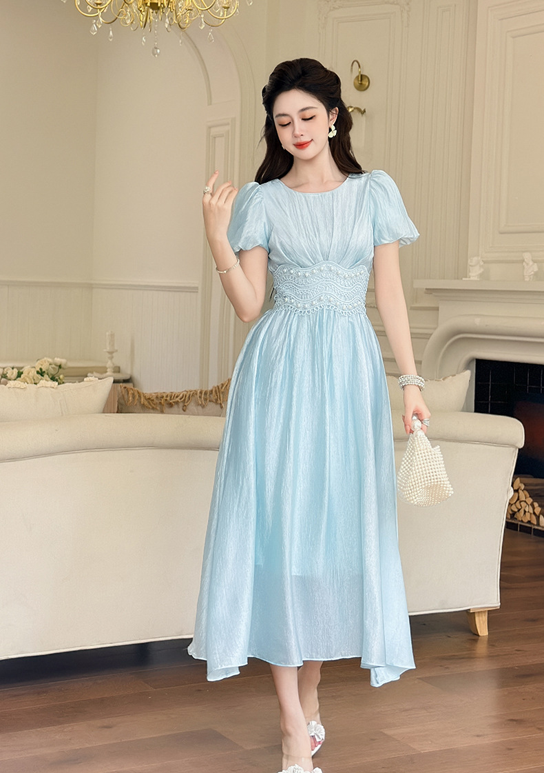 Đầm maxi nữ tay phồng thắt eo đính cườm dài qua gối — màu xanh chi tiết 13