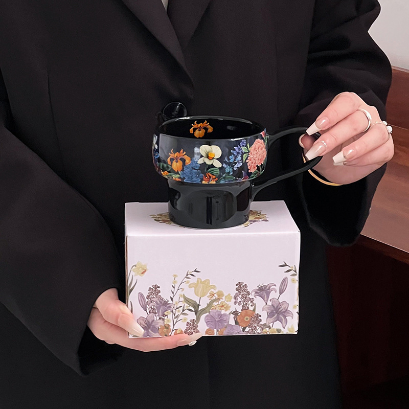 Taza de cerámica de flores taza de desayuno de avena tazón de calentamiento de leche flor brocade taza de café plato tazón