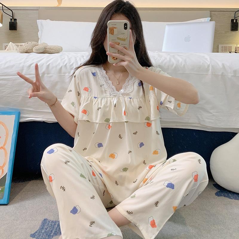 Cotton silk pajamas women's spring/autumn summer thin anti-bump wear-free underwear home wear sweet outer wear cotton silk suit