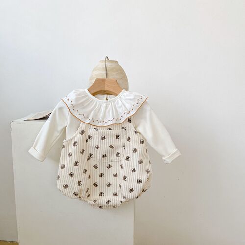 Infant and child T-shirt  autumn new style baby girl embroidered lotus leaf collar bottoming shirt top white versatile style