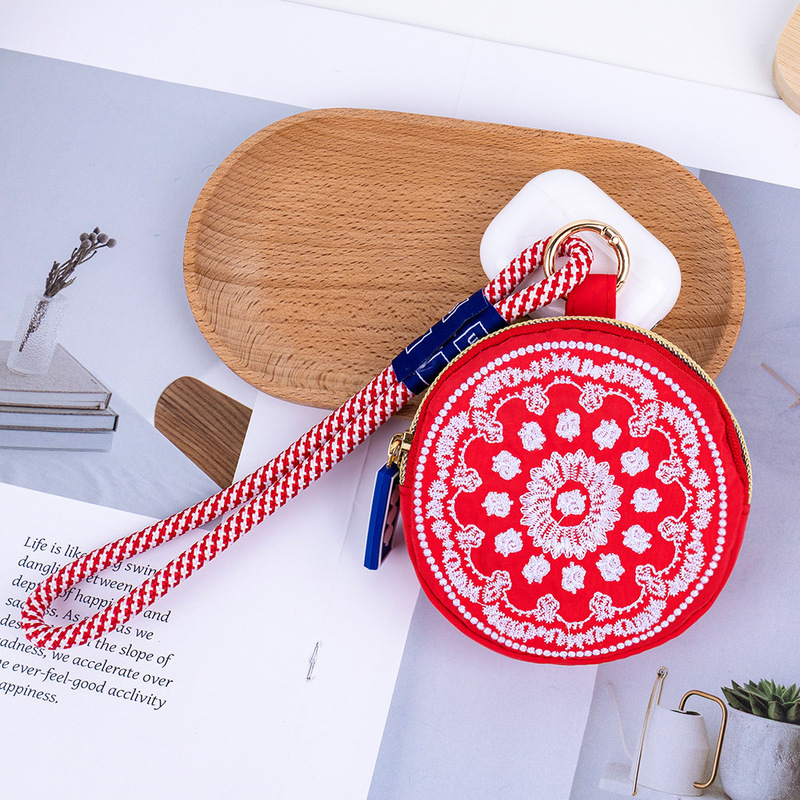 日本のかわいいコインキーホルダーバッグ女性の刺繍ナイロン多用途カジュアルデイリー収納キーヘッドフォンハンドバッグ|undefined