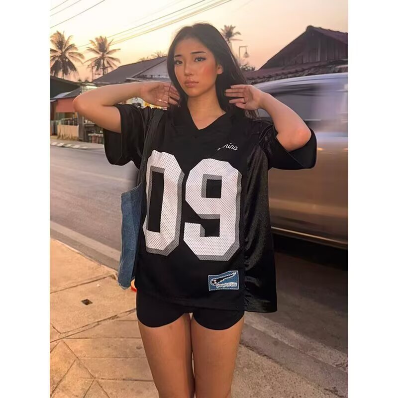 American Retro Jersey Jersey Style Loose Short-Sleeved T-Shirt Women's Printed Cut Out V Neck Design Sexy Rugby Uniform