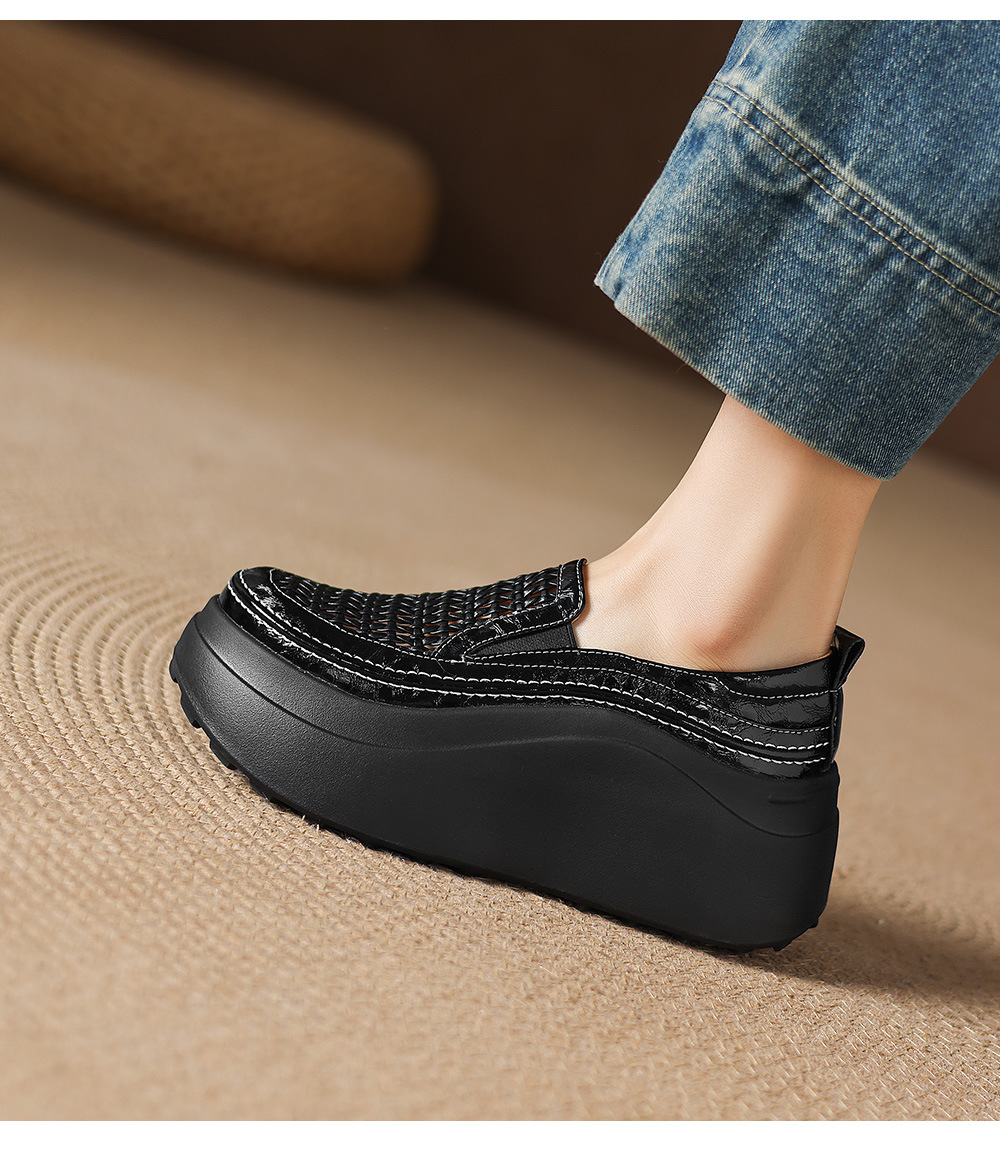 Giày sandal cao gót nữ hở mũi đế dày da thật mũi tròn phong cách lười — màu đen, màu trắng ngà chi tiết 21