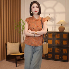 新しい中国風の女性用シャツ、夏の新しいスタイル、レトロなボタン付きトップス、小さな斜めの襟のノースリーブシャツ