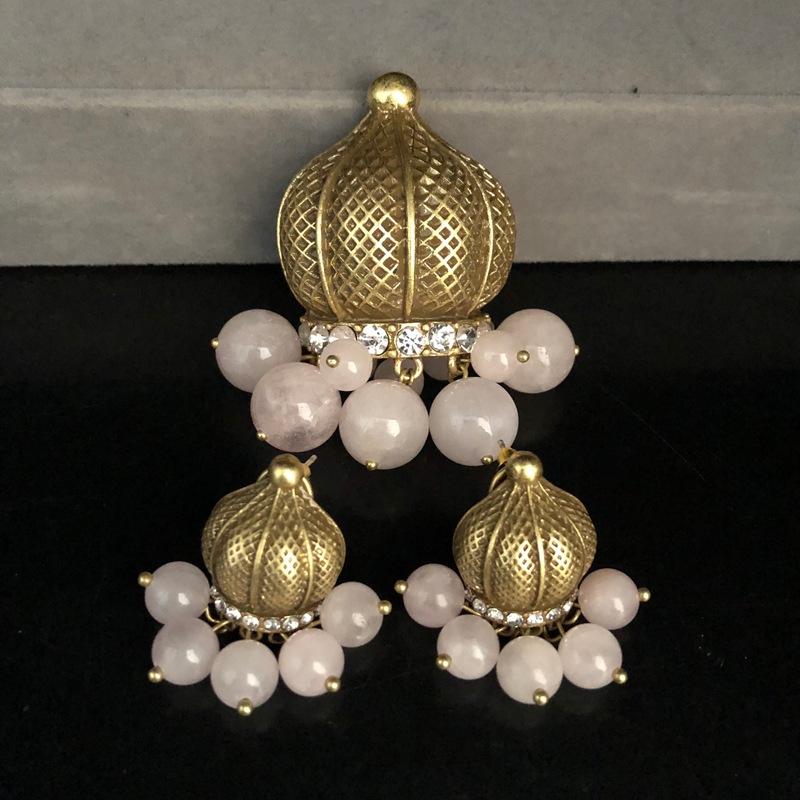 Middle Ancient vintage Backflow Jewelry Old Gold Powder Crystal Turquoise Glass Pearl Pendant Brooch Earrings suit