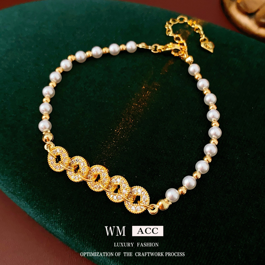 Zircon moneda de cobre, perlas, pulsera con cuentas, nuevo estilo chino, todo fósforo, pulsera retro, lujo ligero, sentido de alta gama, joyería de moda nacional al por mayor