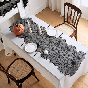 Cross-border Halloween Day Decorative Black Lace Spider Web Table Runner Halloween Theme Tablecloth Fireplace Factory Wholesale