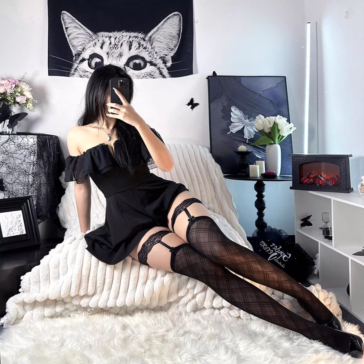 Mu Ruan Hot Girl Sexy Lace Leg Ring Strap Stockings Black Striped Bow Thin Thigh Stockings