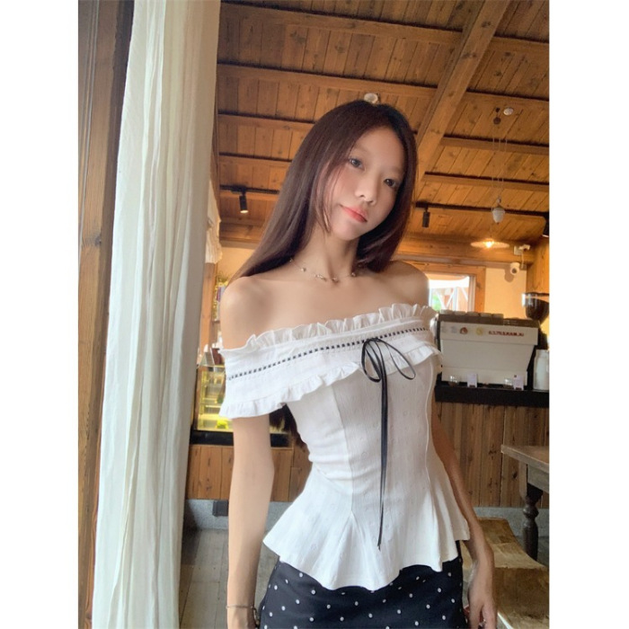 MR【原版提花面料】纯欲风设计感白色一字肩短袖T恤女收腰修身上|undefined