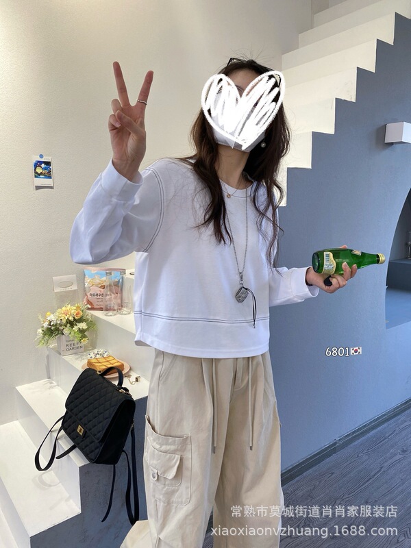 2025秋季明线设计感短款打底上衣女简韩系宽松休闲百搭长袖t恤|undefined