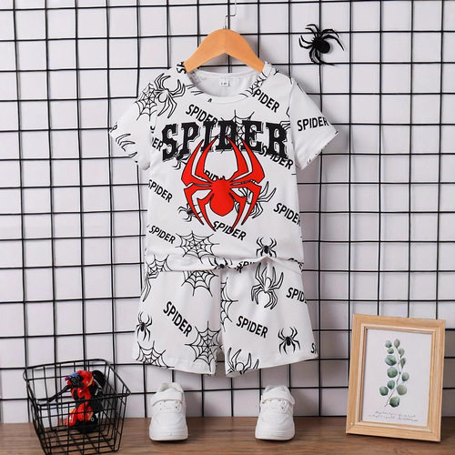 Summer Round Neck Spider Alphabet Print Short-Sleeve Top and Shorts Set for Boys in INS