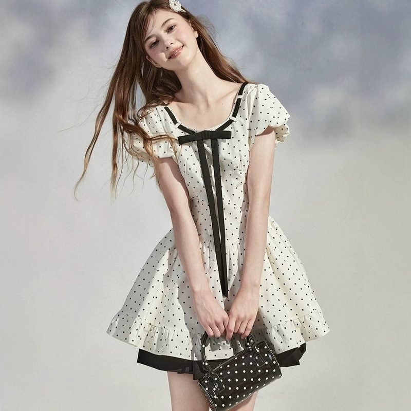 Tipsymattina Tipsy Morning 26 Summer Sweet Style Petite Fashionable Mid-Length Square Neck Polka Dot Dress