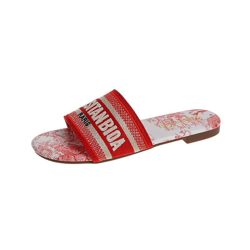 2024D Home Size Sommer Casual Vielseitig Bestickter Buchstabe Mit Flacher Unterseite Hausschuhe Damenschuhe