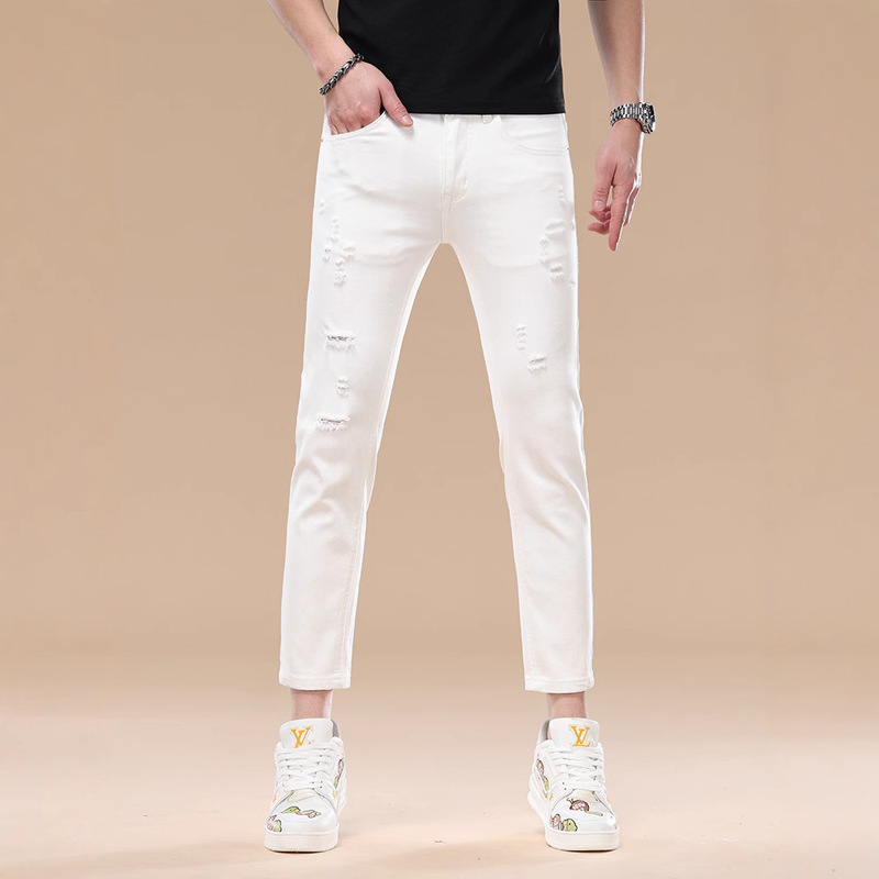 2025 Spring/Summer New Ripped Slim Fit White Cropped Jeans for Men, Thin Stretch Versatile High-End Trendy Brand 2025 Spring/Summer New Ripped Slim Fit White Cropped Jeans for Men, Thin Stretch Versatile High-End Trendy Brand