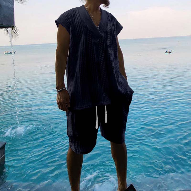 Men's Summer Jacquard Knit Short Sleeve Shirt And Shorts Set, Comfortable Casual Lounge Wear_viptrois.com
