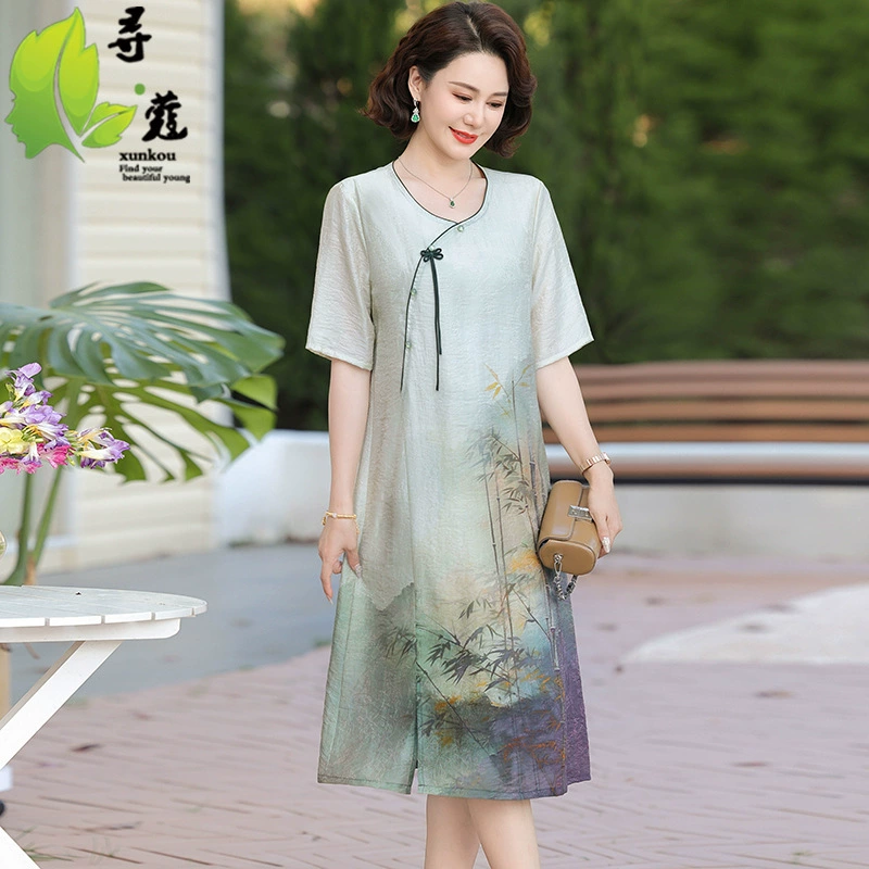 Женское платье среднего возраста Новая китайская длинная юбка мама летняя одежда 50 лет плюс размер повседневная одежда летом тонкая