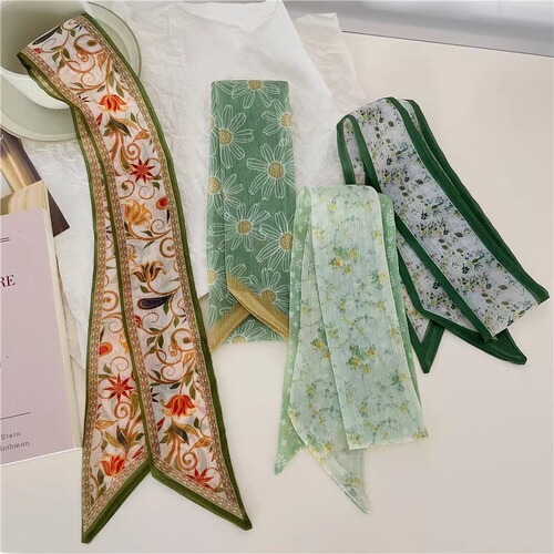French retro floral silk scarf spring atmosphere hair tie butterfly knot long ribbon versatile temperament decoration neckerchief