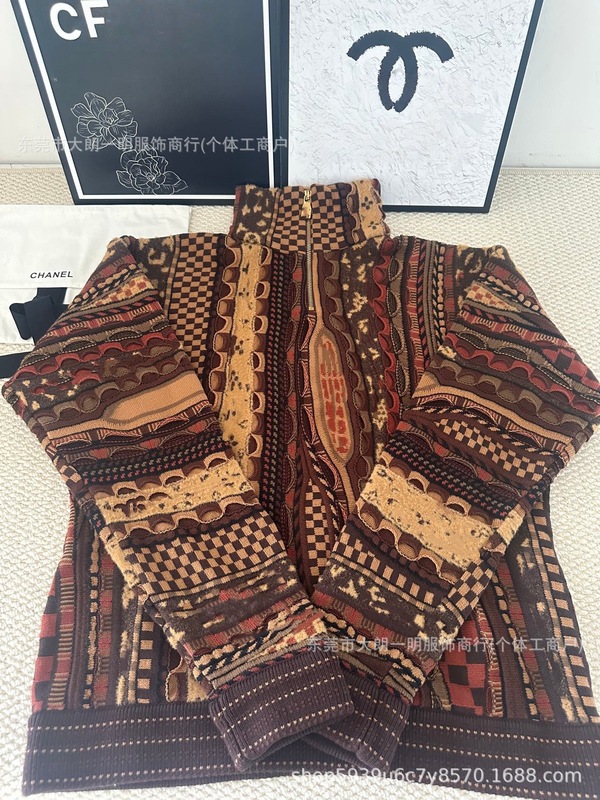 25早秋新款南油高定时尚浅粉色老花提花半拉链立领套头针织衫毛衣|undefined