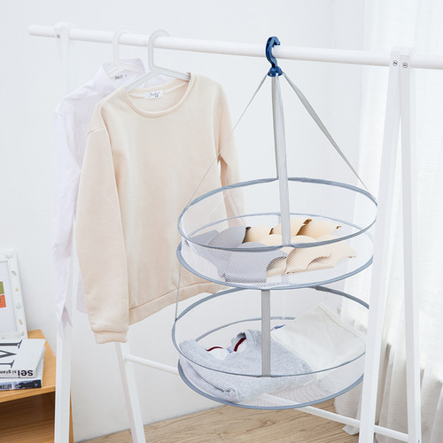 Double-layer folding clothes basket household sweater windproof clothes basket multi-functional large drying net gray clothes drying net