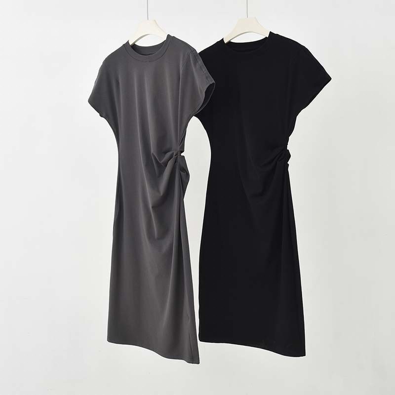 High Elastic Threaded Cotton Pleated Waist Casual Short-Sleeved Dress Women's Round Neck Design Long Skirt Summer Slim T-Shirt Dress