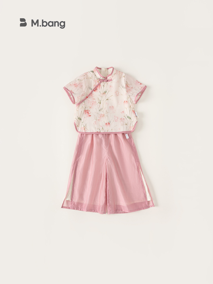 Yubao ropa infantil para niñas estilo nacional de verano para niños de mediano y medio estilo chino nuevo chaqueta de flores delgada pantalones de piernas anchas dos piezas
