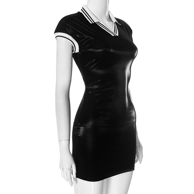 Women Clothing Fall Winter Lapels Color Contrast Patchwork Glossy Tight Fitting Cinched Sheath Dress