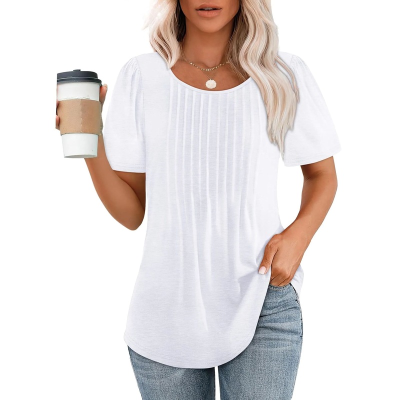 2025 アマゾン貿易ルーズヨーロッパとアメリカの新しいスタイルのプリーツラウンドネック半袖 Tシャツレディーストップストリップ無地婦人服|undefined