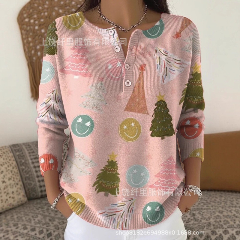 Cross-Border European and American Foreign Trade Amazon Independent Site New 3D Printed Women's Fashion Casual Christmas Autumn and Winter Tops