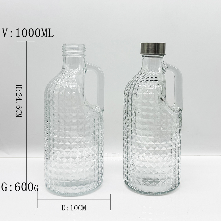 跨境1000ml玻璃牛奶壶果汁饮料壶钻石把手壶玻璃瓶徐州玻璃瓶厂