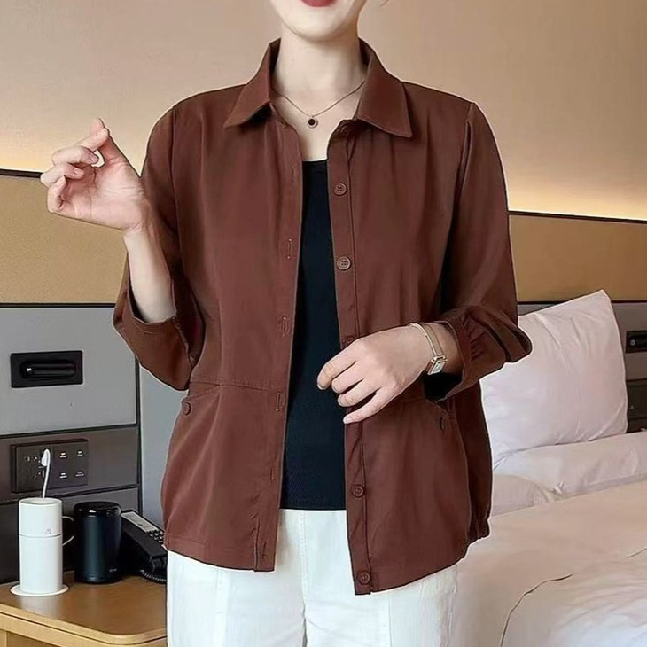 一件代发直播爆款2025春秋季新款妈妈装纯色短外套薄款衬衫女上衣|undefined