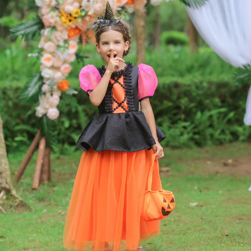 Disfraz de calabaza de Halloween para niños vestido de princesa para niñas ropa de rendimiento para niños medianos y grandes vestido esponjoso a juego de colores