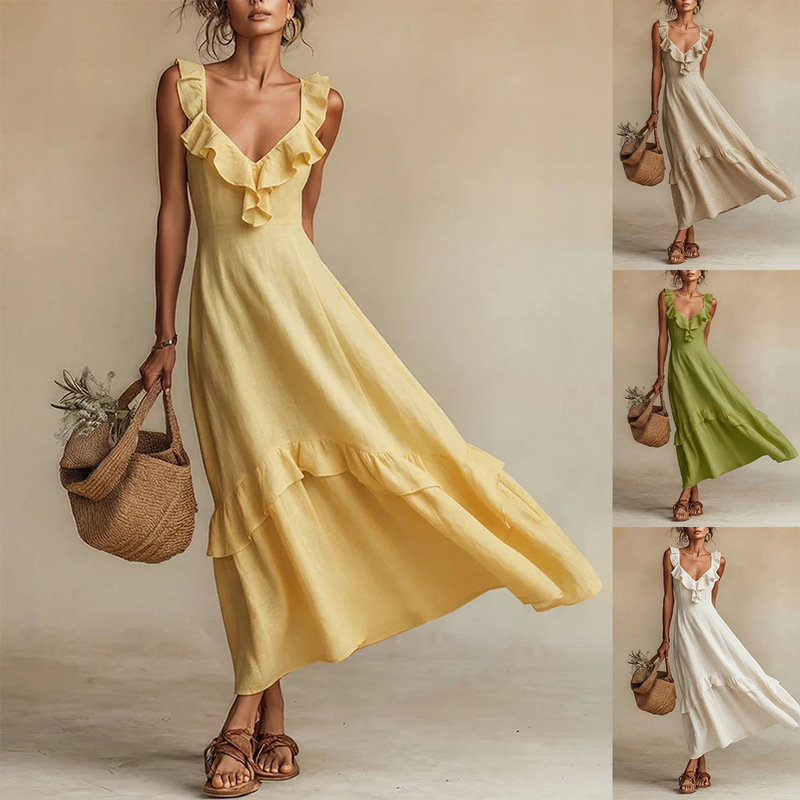 2026 Amazon Foreign Trade Tm Women's Summer New Elegant Ruffle Flutter Sleeve Cotton Linen Dress