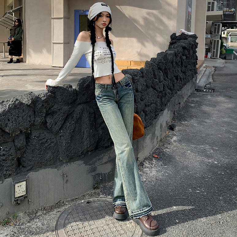 Deadly Waist Retro Micro-Lar Jeans Women's Washed Nostalgic Spice Girls Low Waist Slimming Flared Pants