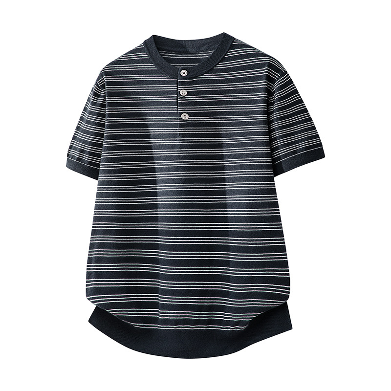 ZH8115-3D夏薄款老钱风宽松休闲上衣美式条纹亨利领针织短袖，男装针织衫/毛衣，星座614