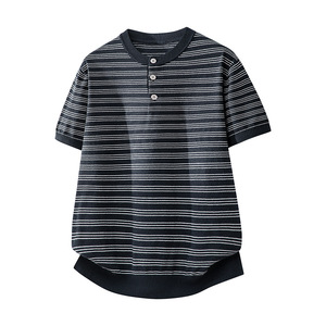 ZH8115-3D 夏薄款老钱风宽松休闲上衣美式条纹亨利领针织短袖，男装针织衫/毛衣，星座614