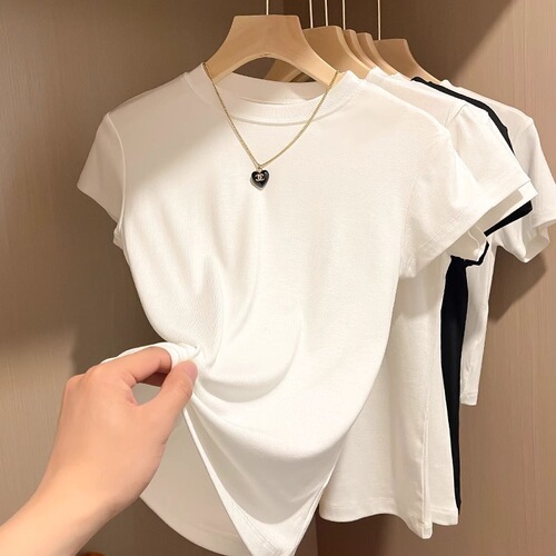 Fashion Casual Shoulder Short Sleeve T-Shirt Women Summer White Commuting Versatile Simple Slimming Round Neck Top Women 