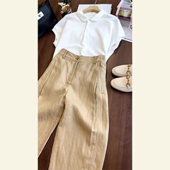 夏服と洋気減齢polo襟半袖シャツのカーキ色亜麻カジュアルパンツセット