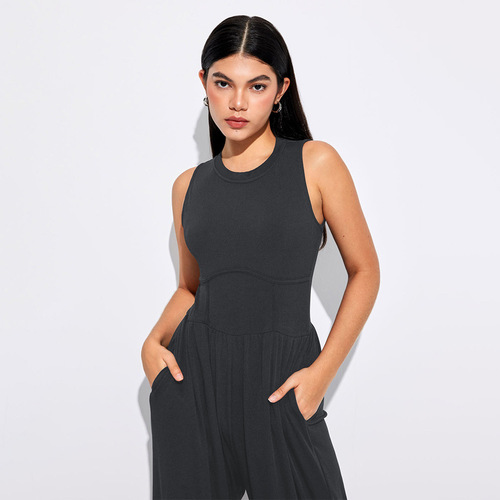 INS new 2024 European and American cross-border sexy hotties design waist side bone slimming fashion knitted jumpsuit