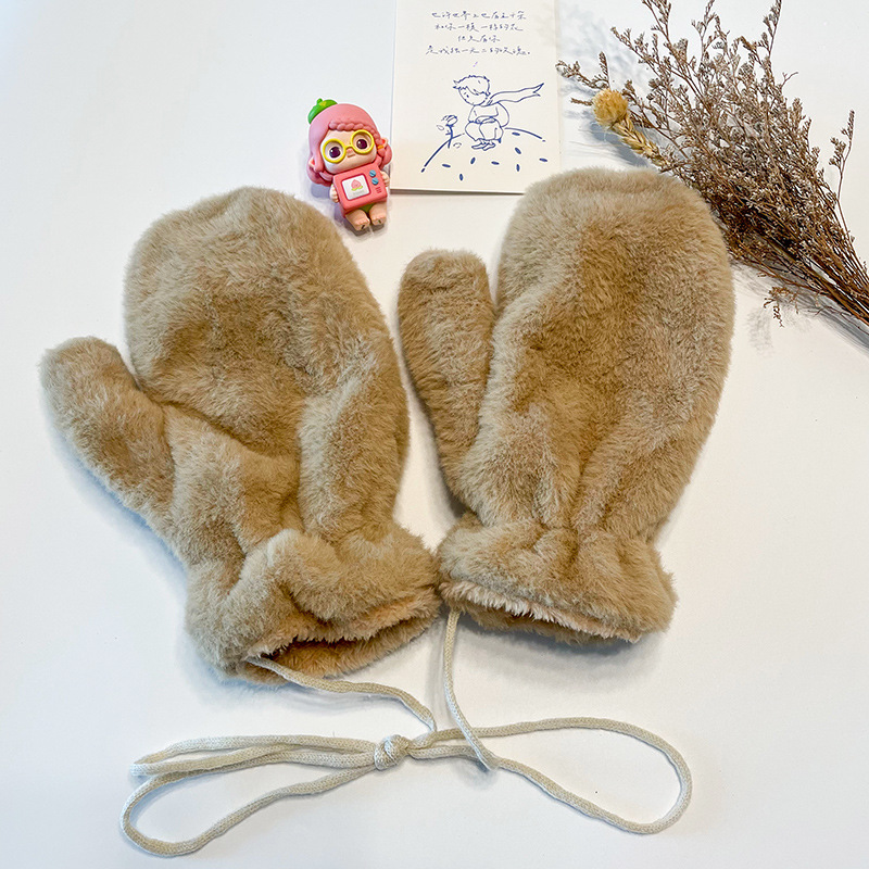 Guantes de felpa de dibujos animados de color sólido estilo INS para mujer, guantes gruesos de invierno para ciclismo para estudiantes, forrados con forro polar, cálidos y resistentes al frío, guantes de dedos completos, estilo INS.