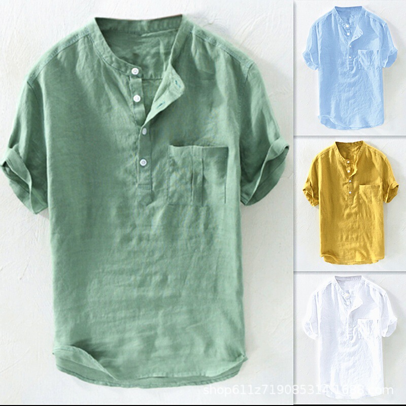 2026 Summer Men's Casual Solid Color Thin Pocket Loose Breathable Stand Collar Pullover Shirt Foreign Trade Men's Shirt 2026 Summer Men's Casual Solid Color Thin Pocket Loose Breathable Stand Collar Pullover Shirt Foreign Trade Men's Shirt