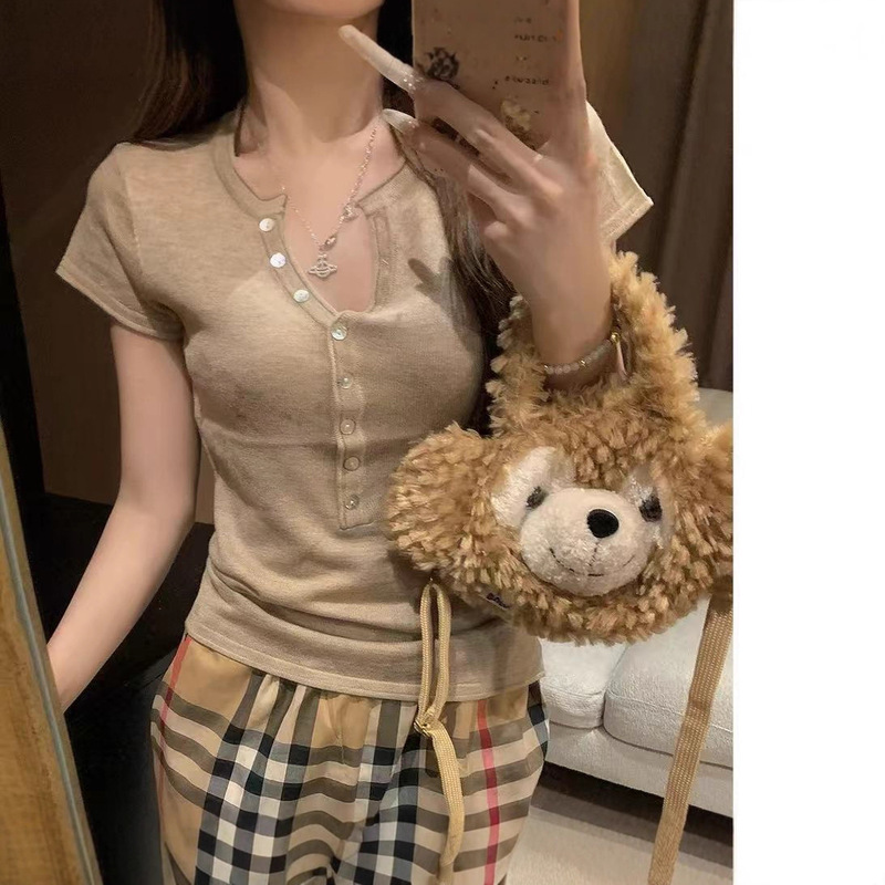 American Old Money Style Half-Open Collar Design Knitted Short-Sleeved T-Shirt for Women, Summer Fashion Casual Top, Stunningly Beautiful American Old Money Style Half-Open Collar Design Knitted Short-Sleeved T-Shirt for Women, Summer Fashion Casual Top, Stunningly Beautiful