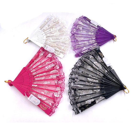 LED luminous rose fan lace folding fan Chinese style plastic fan dance fan foreign trade fan lace fan wedding products