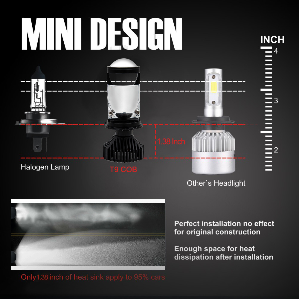 Factory hot sale T9 LED car headlight H4 mini far and near integrated projection lens light 9003 bulb