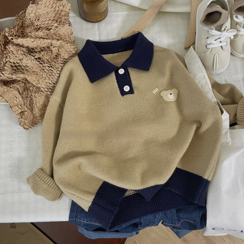 Spring  New Korean Print Forest Style Loose Knit Sweater for Boys and Girls, Children's POLO Collar Stylish Trendy Children's Clothing