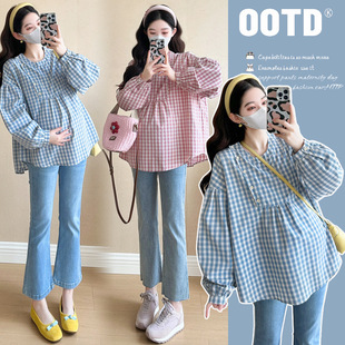 Real shot in stock 2025 spring new pregnant women Korean version of loose plaid literary loose doll shirt