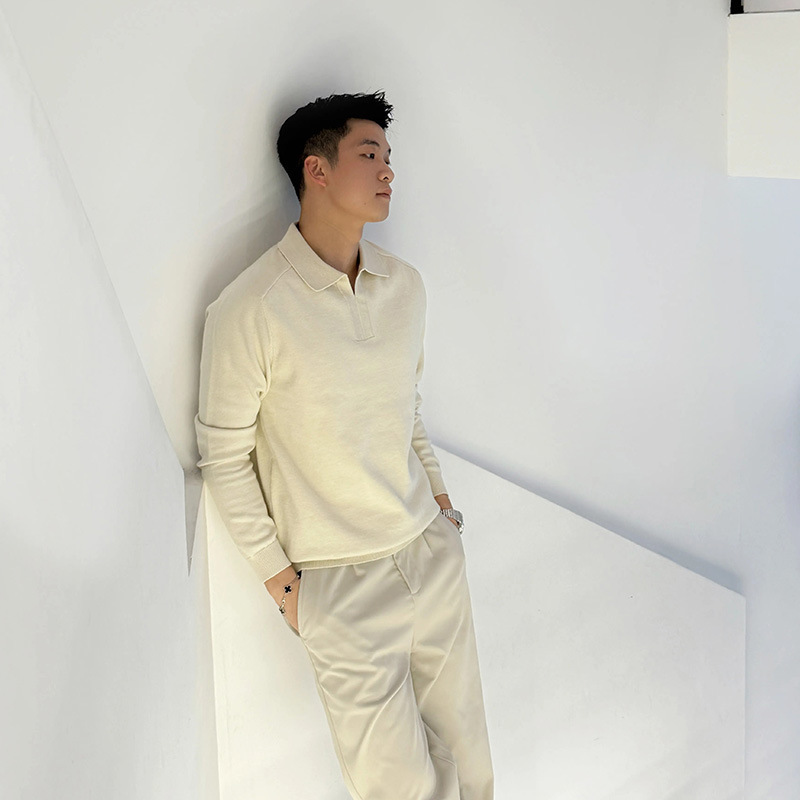 【Internet Celebrity Style】Relaxed and Coherent'Old Money Style' Seagull Collar Polo Knit Long Sleeve Base Shirt