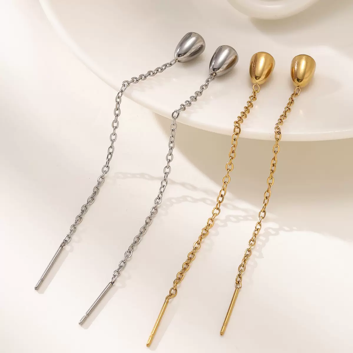 ins风时尚不锈钢水滴长款耳坠高级耳饰小众简约钛钢流苏耳线批发