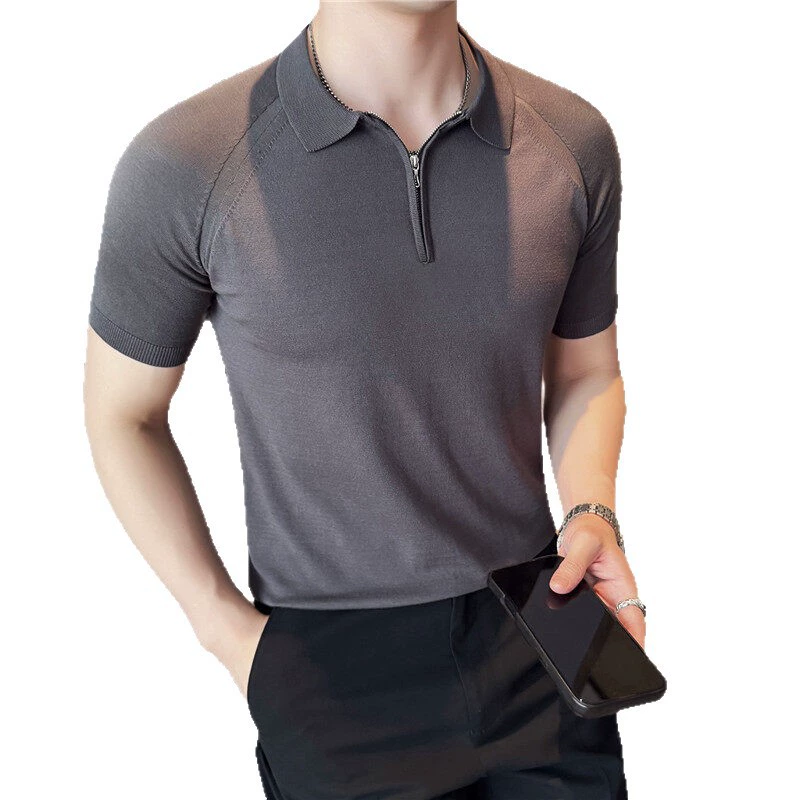 Летняя одежда для папы среднего возраста, мужская деловая повседневная белая трикотажная рубашка-поло с половиной молнии, дышащая серая рубашка из ледяного шелка с короткими рукавами