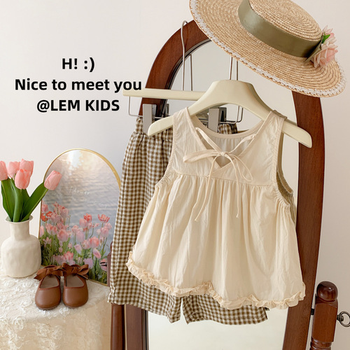 Korean Children's Summer  New Girls' Stylish Lace Camisole Dress Top and 8-Piece Grid Pants Two-Piece Set